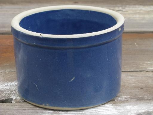 shabby old cracked stoneware crocks, plain, blue and brown for flower pots