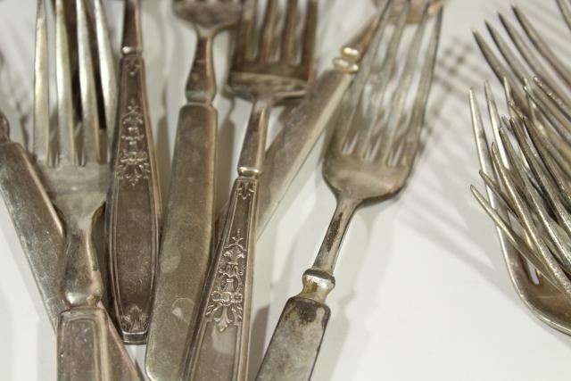 shabby old hotel silver dinner forks, antique silver plate flatware mismatched pieces