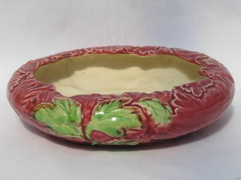 shabby old majolica poppies vintage pottery planter, low flower bowl