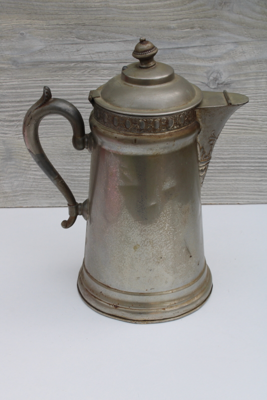 shabby ornate antique metal coffee pot, early 1900s vintage Manning Bowman Victorian style
