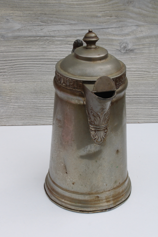 shabby ornate antique metal coffee pot, early 1900s vintage Manning Bowman Victorian style