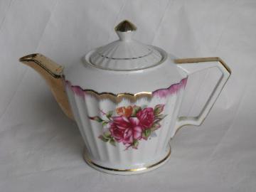 shabby pink roses china teapot, vintage moss rose pattern w/ gold