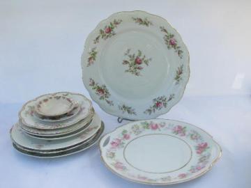 shabby pink roses, lot old antique vintage china plates assorted rose patterns