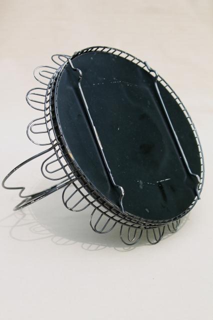 shabby pretty vintage wire basket plate carrier, round tray w/ old black paint
