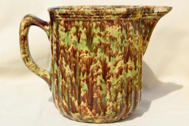 shabby primitive old spongeware pottery pitcher, vintage yellow ware stoneware