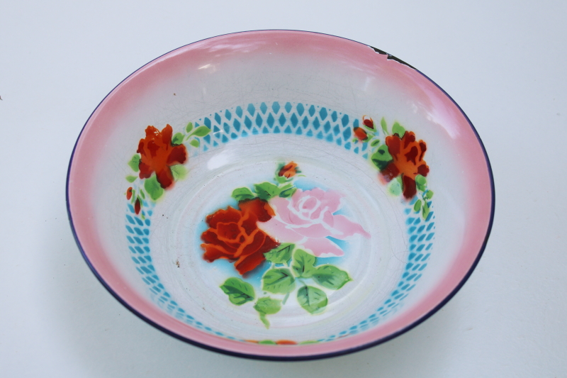 shabby roses colorful floral vintage enamel ware metal bowl, Lucky Elephant brand