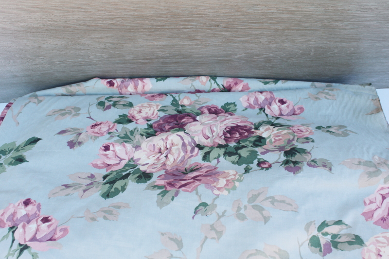 shabby style vintage fabric, cabbage roses print floral lavender pink on pale blue