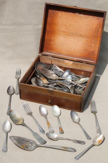 shabby tarnished old silverware, lot of mixed silver plate flatware in old knife box