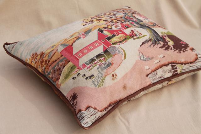 shabby vintage barkcloth cushion, feather pillow w/ country farm red barn print