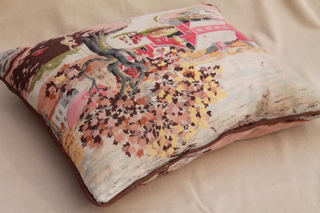 shabby vintage barkcloth cushion, feather pillow w/ country farm red barn print