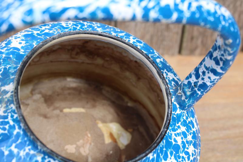 shabby vintage blue and white splatterware enamelware tea kettle for planter upcycle