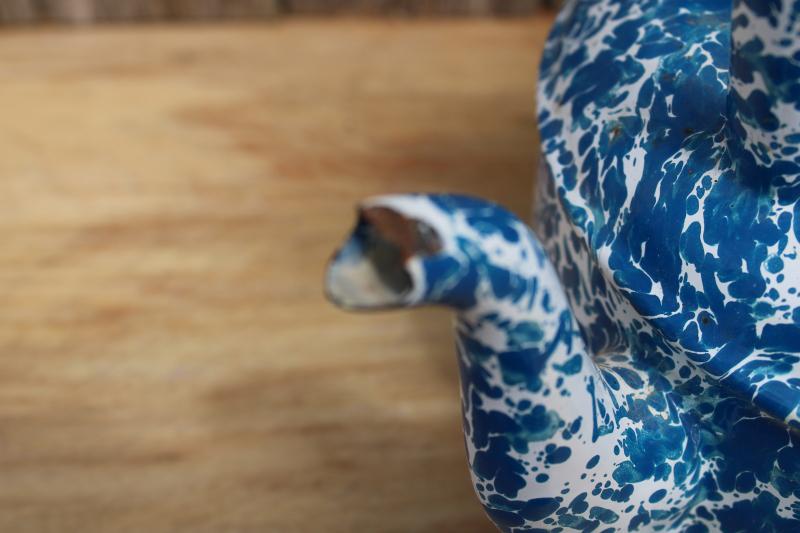 shabby vintage blue and white splatterware enamelware tea kettle for planter upcycle