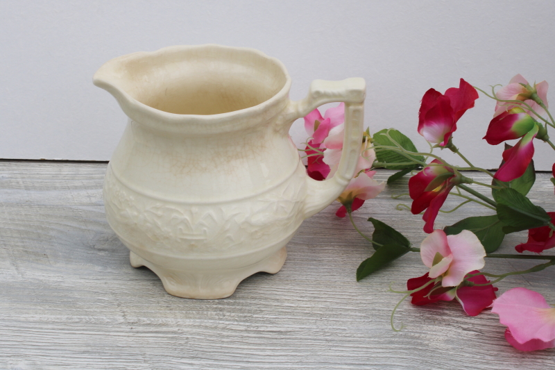 shabby vintage browned stained crazed china pitcher, small jug for flowers, creamware embossed china