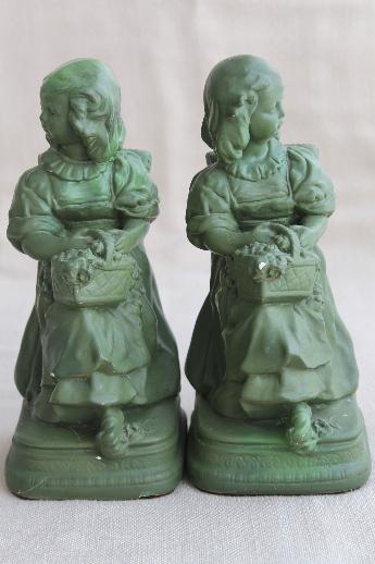 shabby vintage chalkware flower girl figurines, plaster bookends w/ old green paint