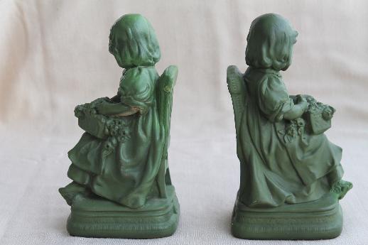 shabby vintage chalkware flower girl figurines, plaster bookends w/ old green paint