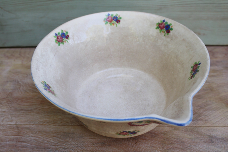 shabby vintage china, browned crackle crazed mixing bowl w/ petit point floral