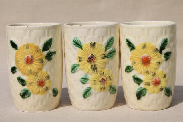 shabby vintage china tumblers w/ sunflowers, drinking glasses or tiny vases
