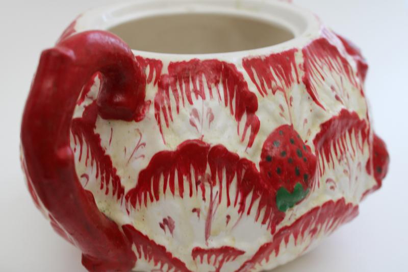 shabby vintage cottage majolica style teapot, strawberry leaf hand painted Portugal pottery