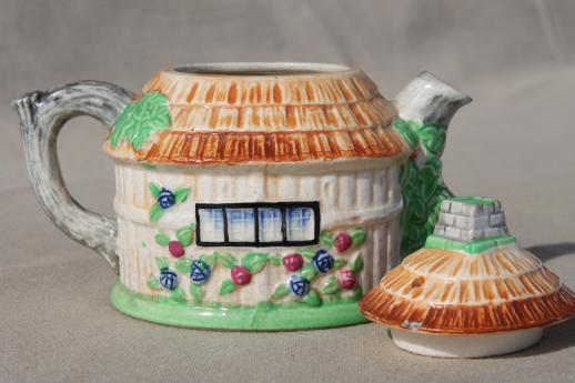 shabby vintage cottageware teapot, English thatched cottage tea pot Made in Japan