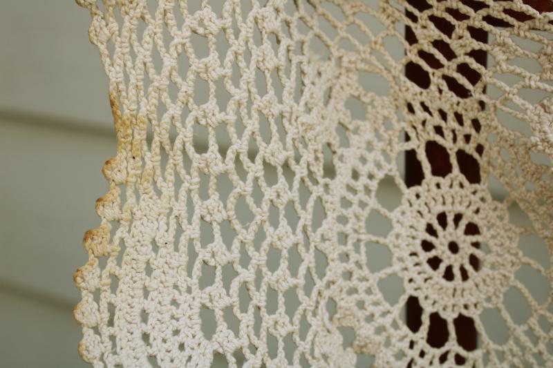 shabby vintage crochet lace, square card table cloth very stained cutter lace fabric