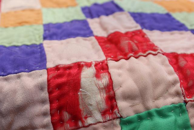 shabby vintage hand stitched crazy quilts, velvet ribbon stripes & satin postage stamp blocks
