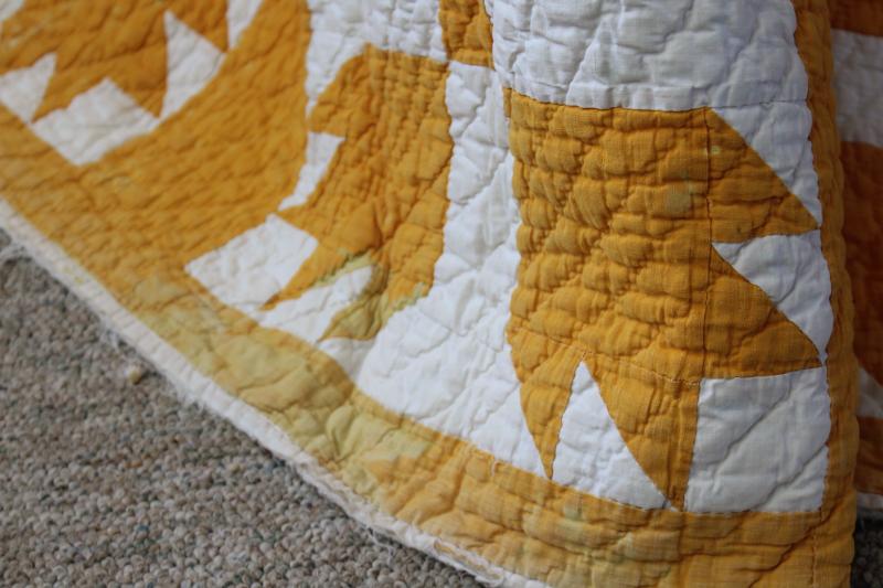 shabby vintage hand-stitched bear paw pattern quilt, mustard gold & white cotton
