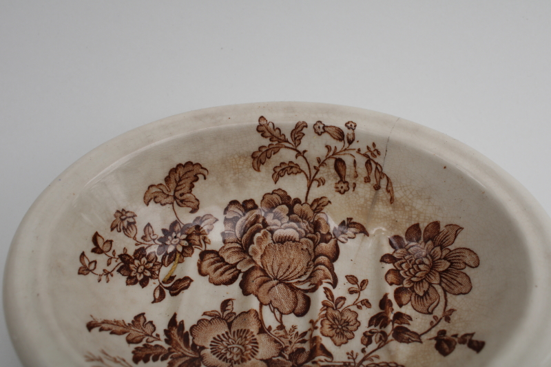 shabby vintage ironstone soap dish, Charlotte floral brown transferware china