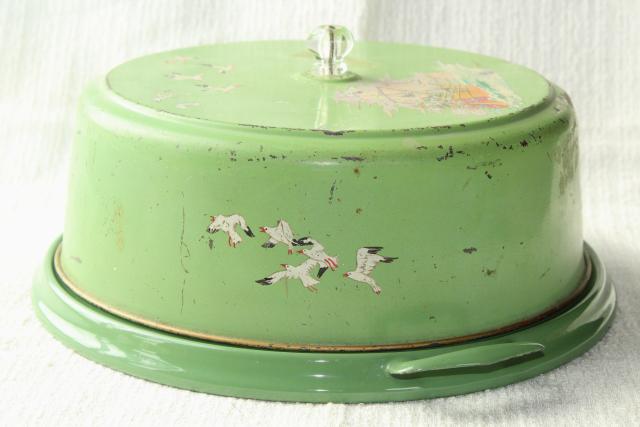 shabby vintage metal cake cover dome w/ jadite green & white enamelware tray plate, 1920s 