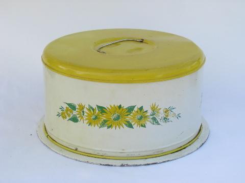shabby vintage metal litho cake carrier, plate & cover w/ flowers