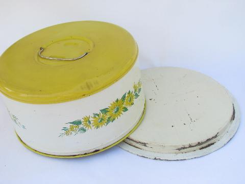 shabby vintage metal litho cake carrier, plate & cover w/ flowers