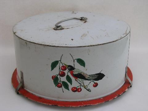 shabby vintage metal litho cake carrier, plate w/cover robin & cherries