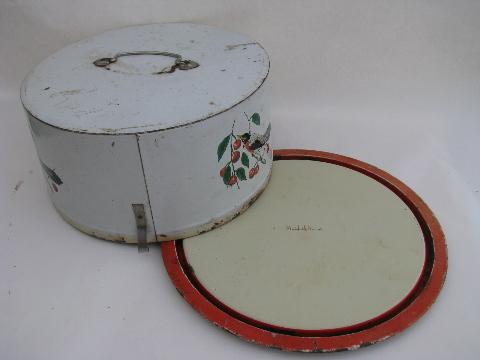 shabby vintage metal litho cake carrier, plate w/cover robin & cherries