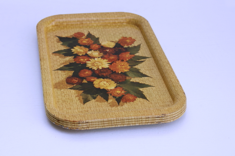 shabby vintage metal trays w/ fall floral print rust, brown, gold straw flowers, gallery wall decor