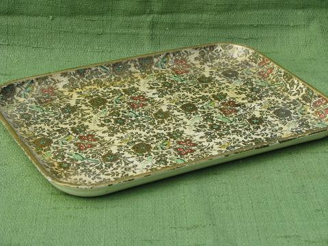 shabby vintage papier mache tray, chintz floral print w/ gold