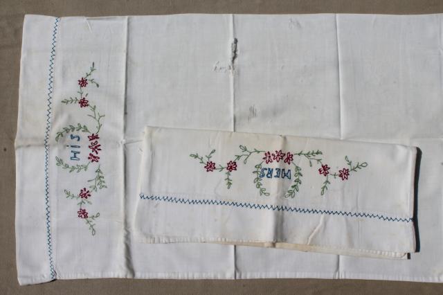 shabby vintage pillowcases lot, floral print fabric or embroidered pillowcases w/ crochet lace