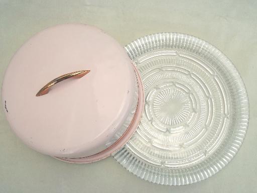 shabby vintage pink metal cake dome cover w/ pressed glass cake plate