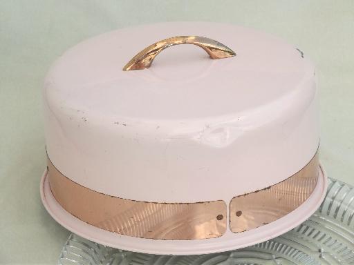 shabby vintage pink metal cake dome cover w/ pressed glass cake plate