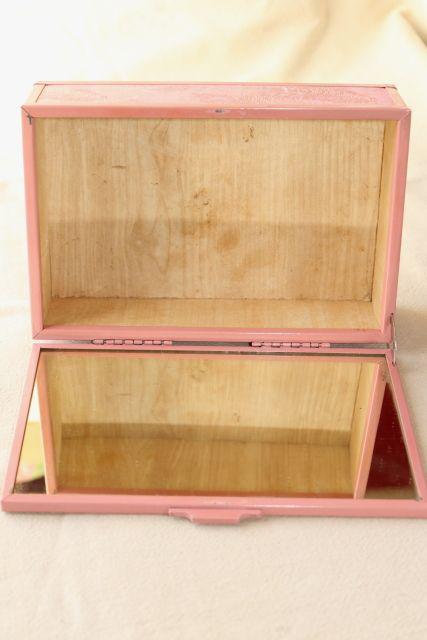 shabby vintage pink stucco memory box w/ cottage scene, dresser chest for hankies or gloves