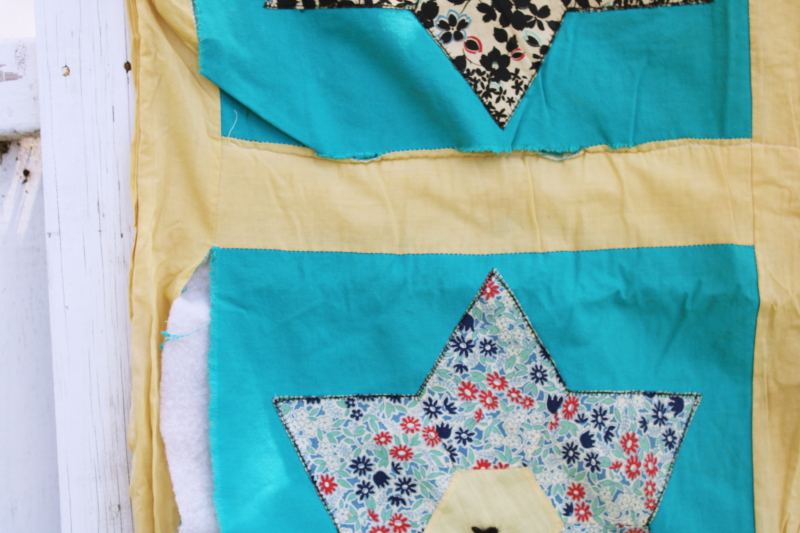 shabby vintage quilt, colorful prints aqua yellow cotton tied quilt applique stars