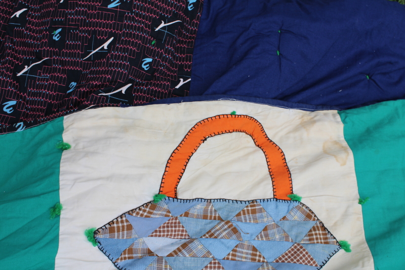 shabby vintage quilt, depression era feedsacks cotton print fabric, flower basket patchwork