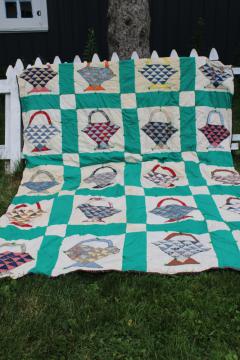 shabby vintage quilt, depression era feedsacks cotton print fabric, flower basket patchwork