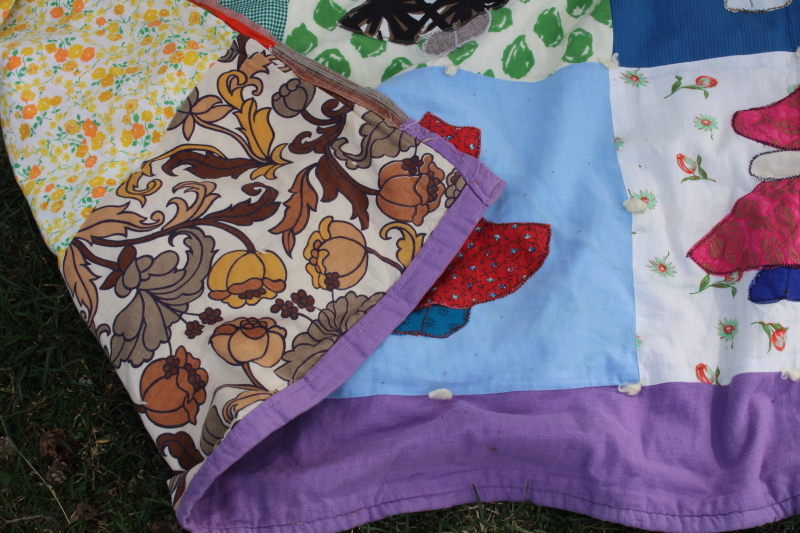 shabby vintage sunbonnet girl quilt, colorful applique patchwork tied quilt