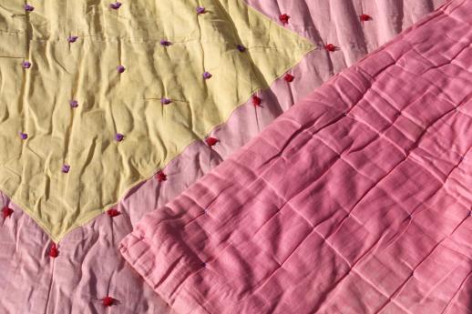 shabby vintage tied quilt w/ old cottage rose floral print cotton comforter cove