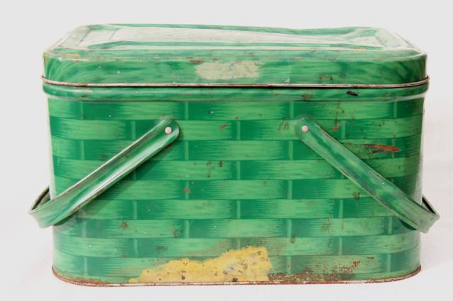 shabby vintage tin picnic hamper w/ handles, basket weave litho print in retro green