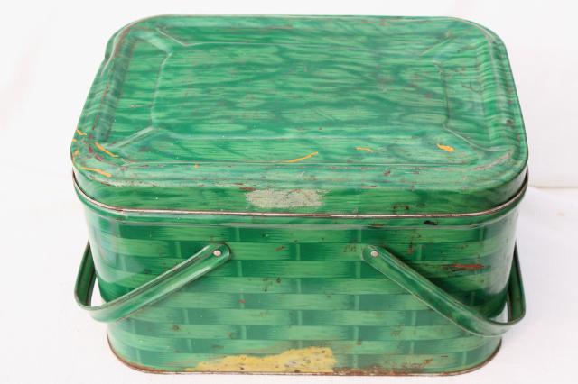 shabby vintage tin picnic hamper w/ handles, basket weave litho print in retro green