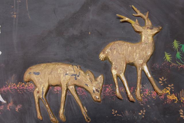 shabby vintage wood panel pictures, painted black lacquer forest scene w/ applied deer