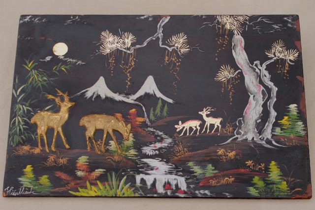 shabby vintage wood panel pictures, painted black lacquer forest scene w/ applied deer