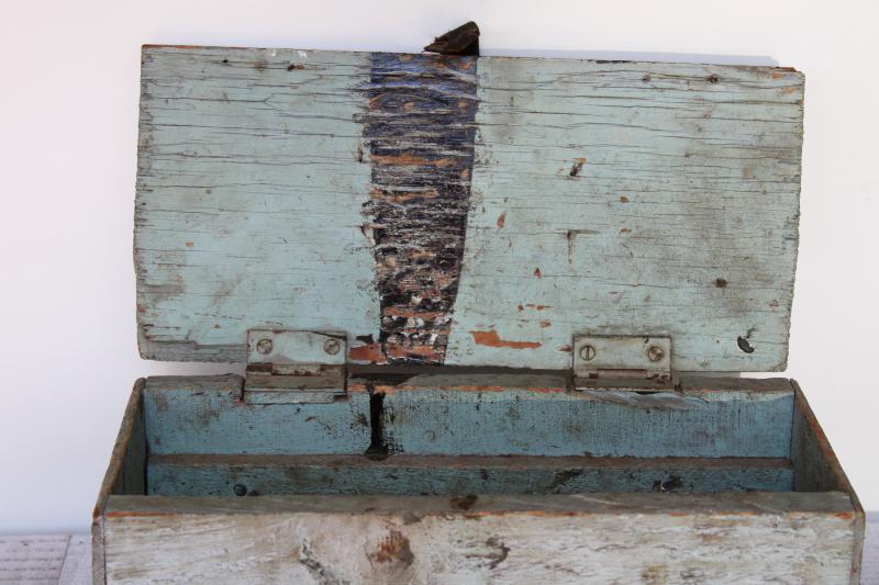 shabby vintage wood toolbox w/ old blue paint, rustic farmhouse style primitive