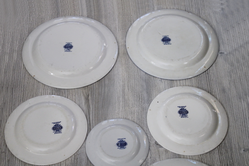 shabby worn vintage blue  white china plates, chinoiserie peonies floral Wincanton Woods England