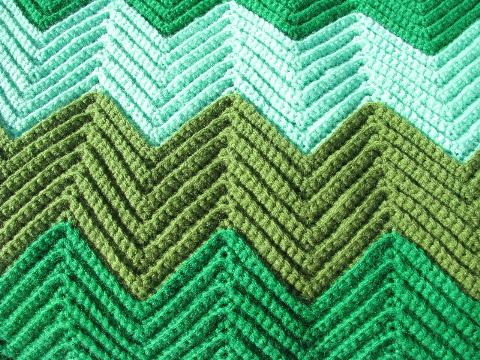 shaded greens, soft vintage acrylic crochet afghan throw blanket